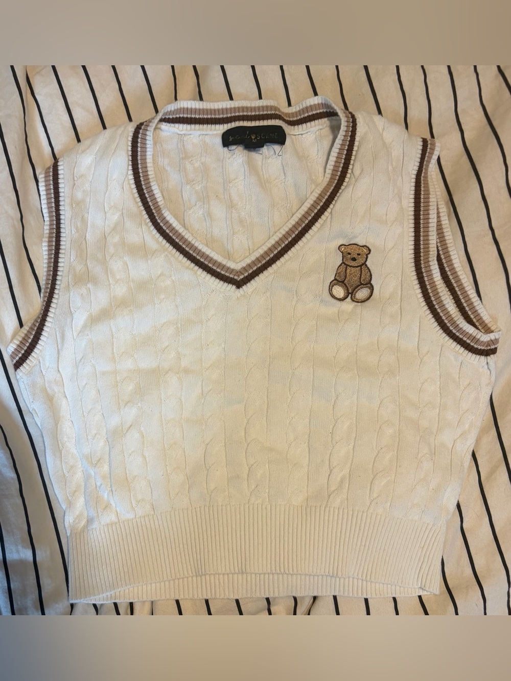 Brown and Cream Knit Sweater Vest with Teddy Bear